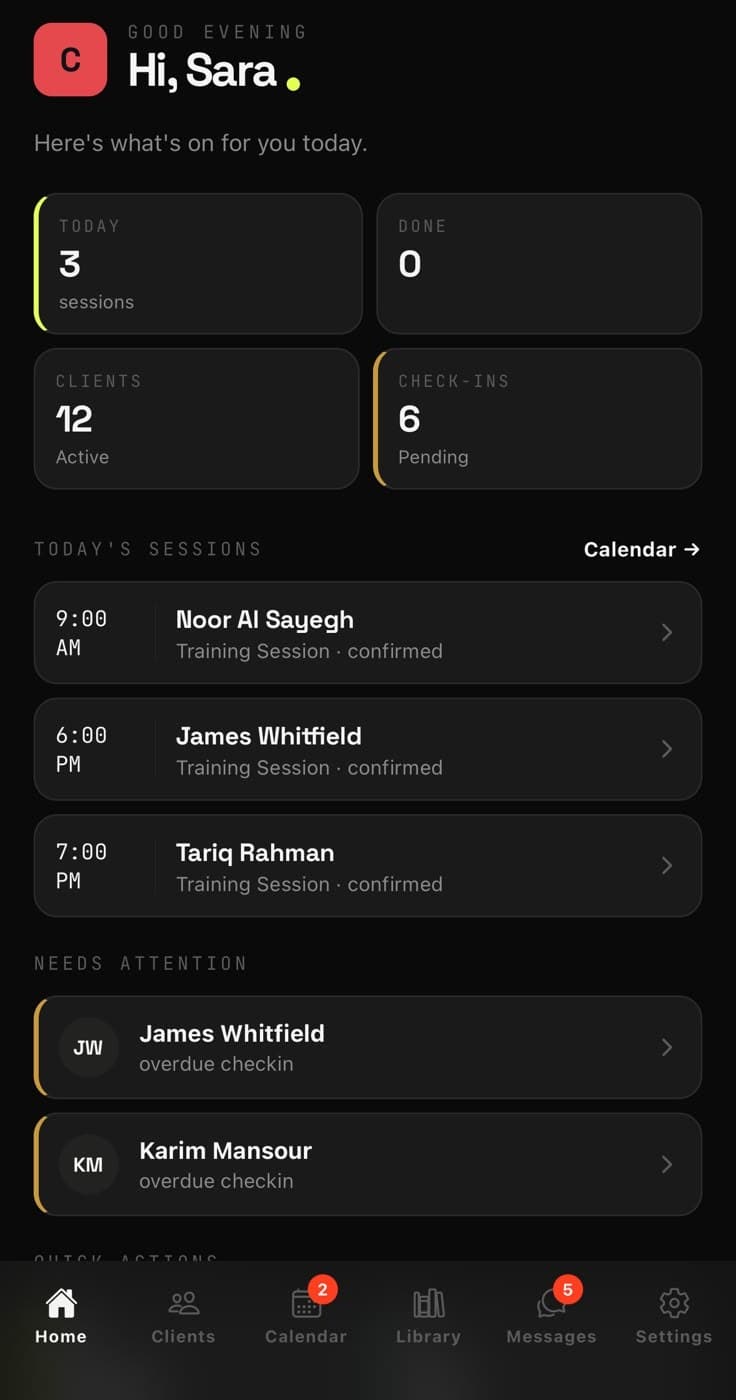 Coach home on iPhone: today's sessions, active clients, pending check-ins and clients needing attention