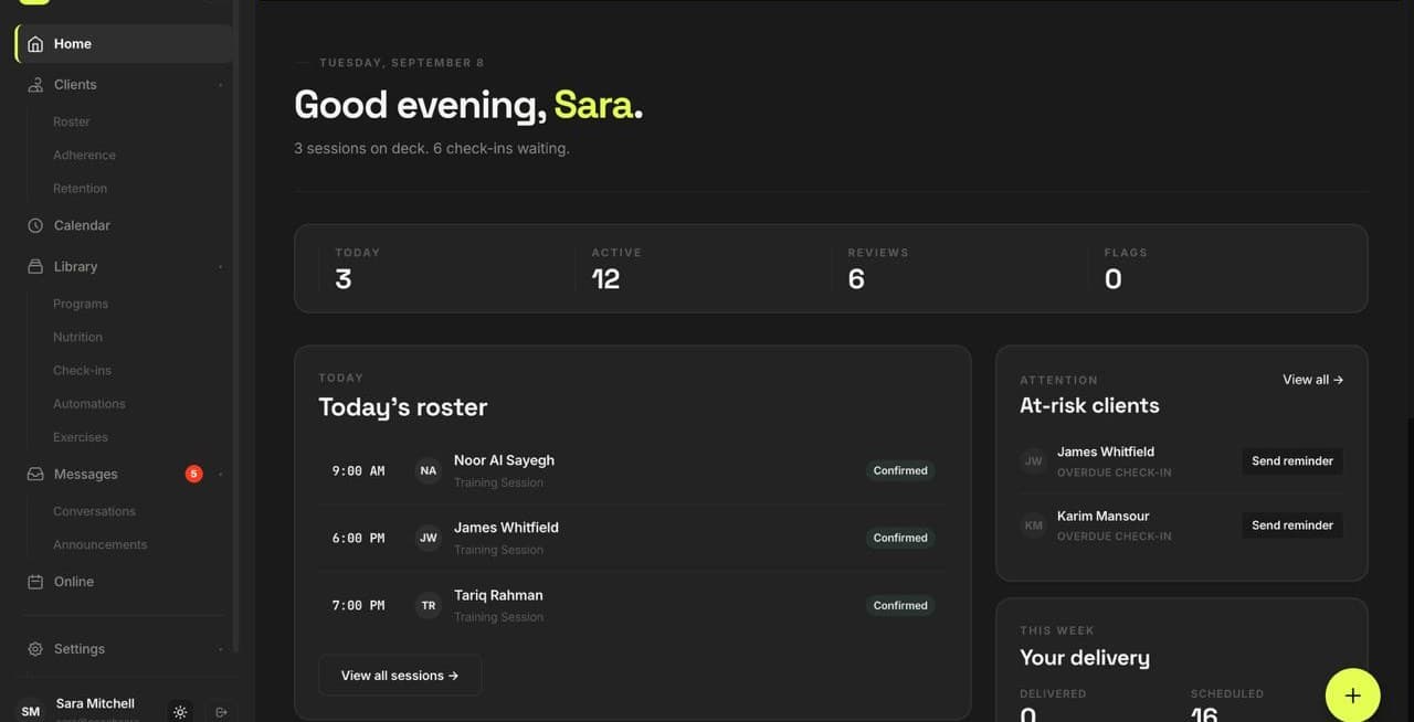 Gymciety coach dashboard showing today's roster, at-risk clients and this week's delivery