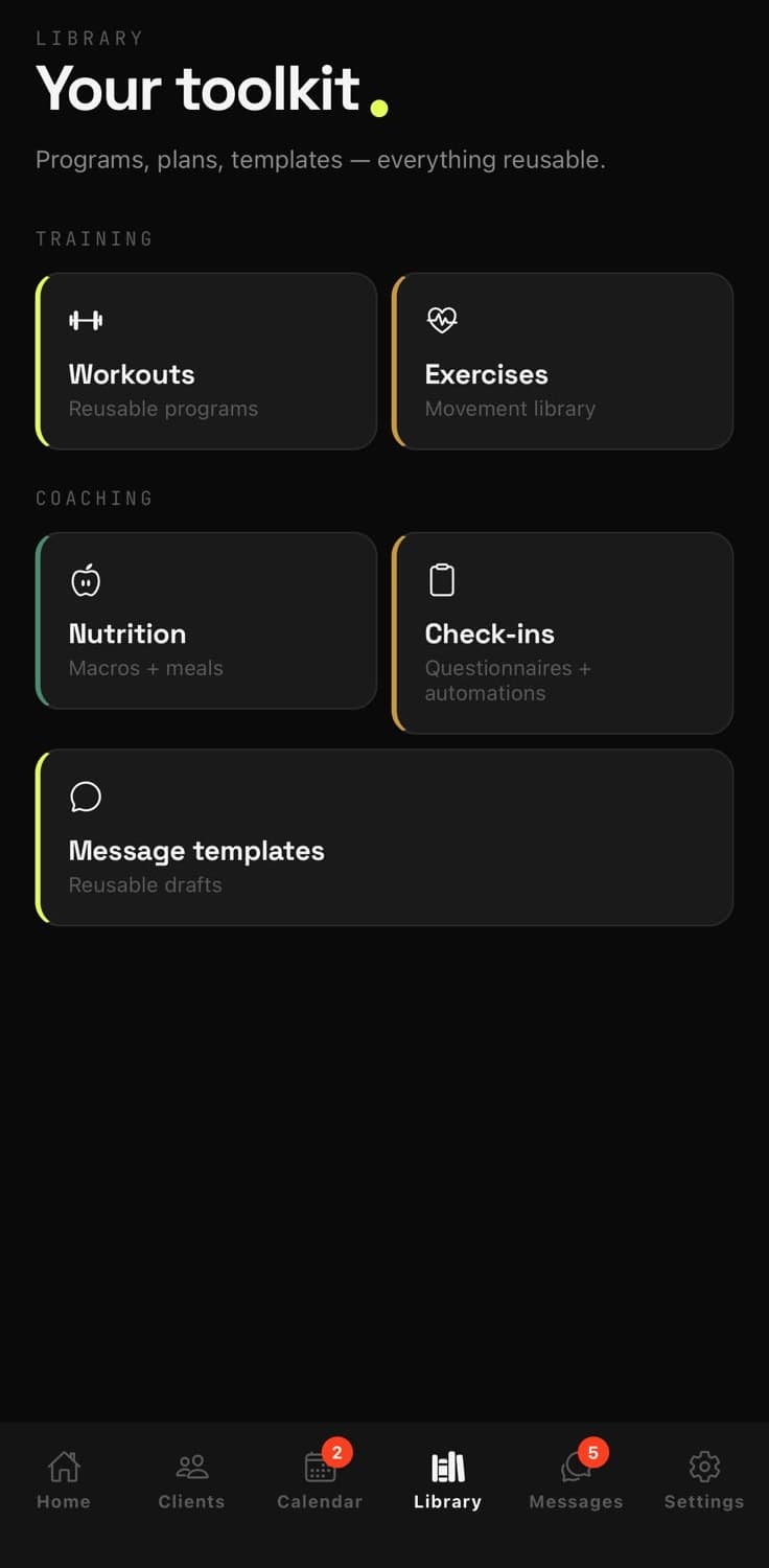 Coach library on iPhone: workouts, exercises, nutrition, check-ins, message templates