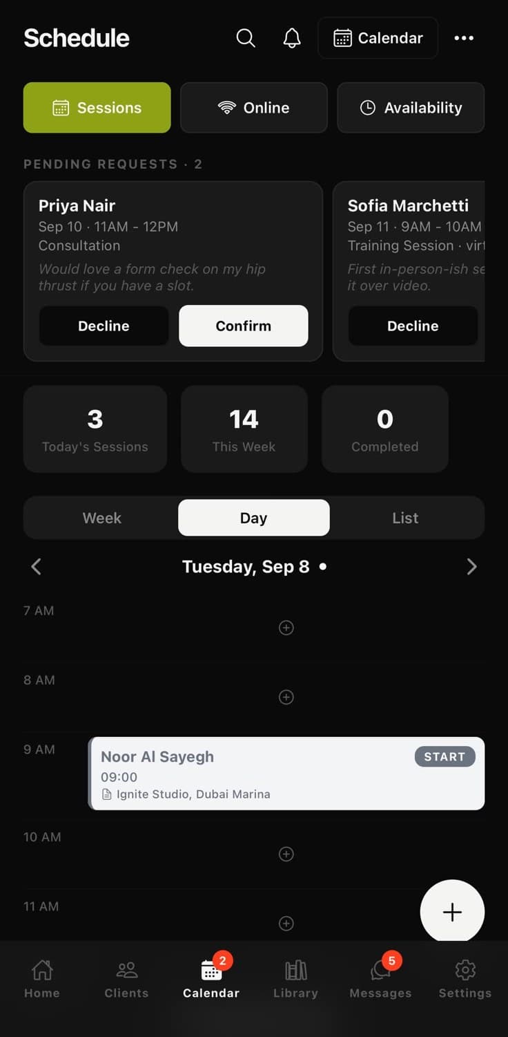 Coach schedule on iPhone with pending session requests and a day view