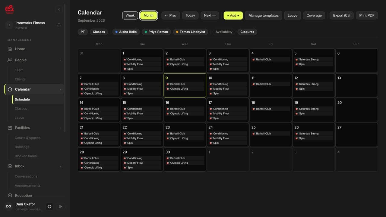 Gym month calendar with recurring classes and coach filters