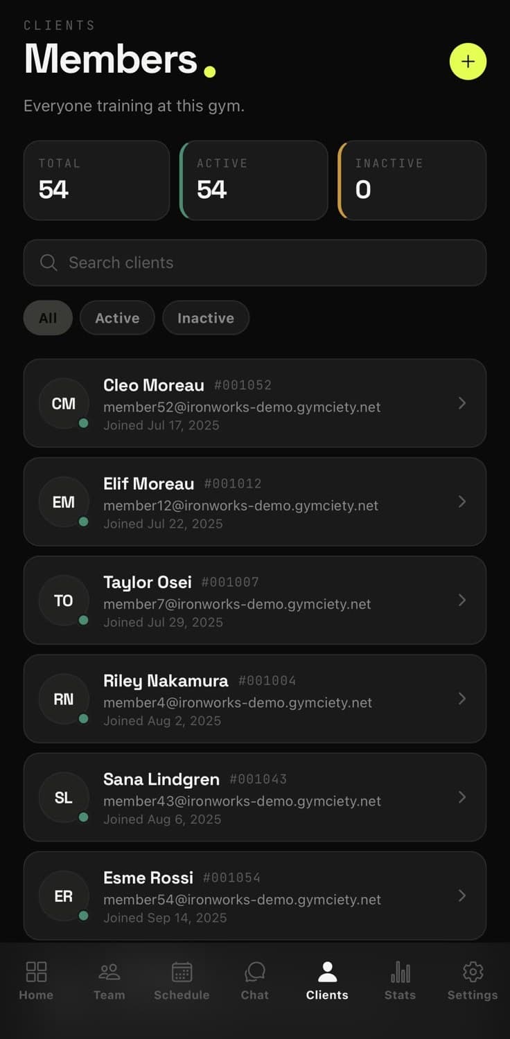 Gym member list on iPhone with member numbers