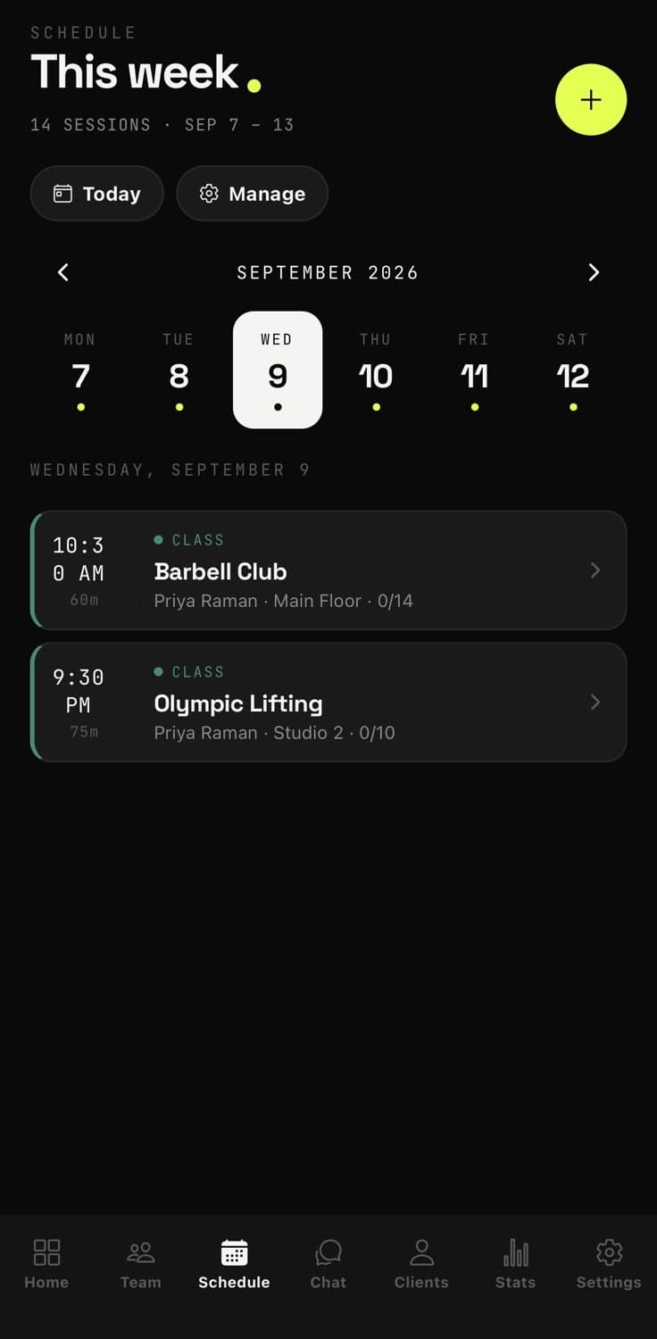 Gym weekly class schedule on iPhone