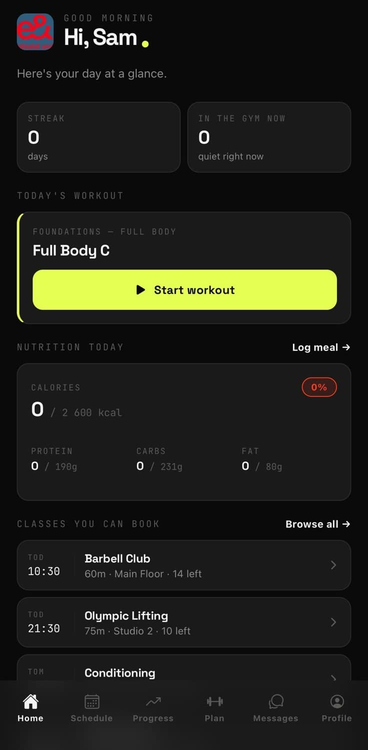 Member home on iPhone: today's workout, nutrition targets, classes to book