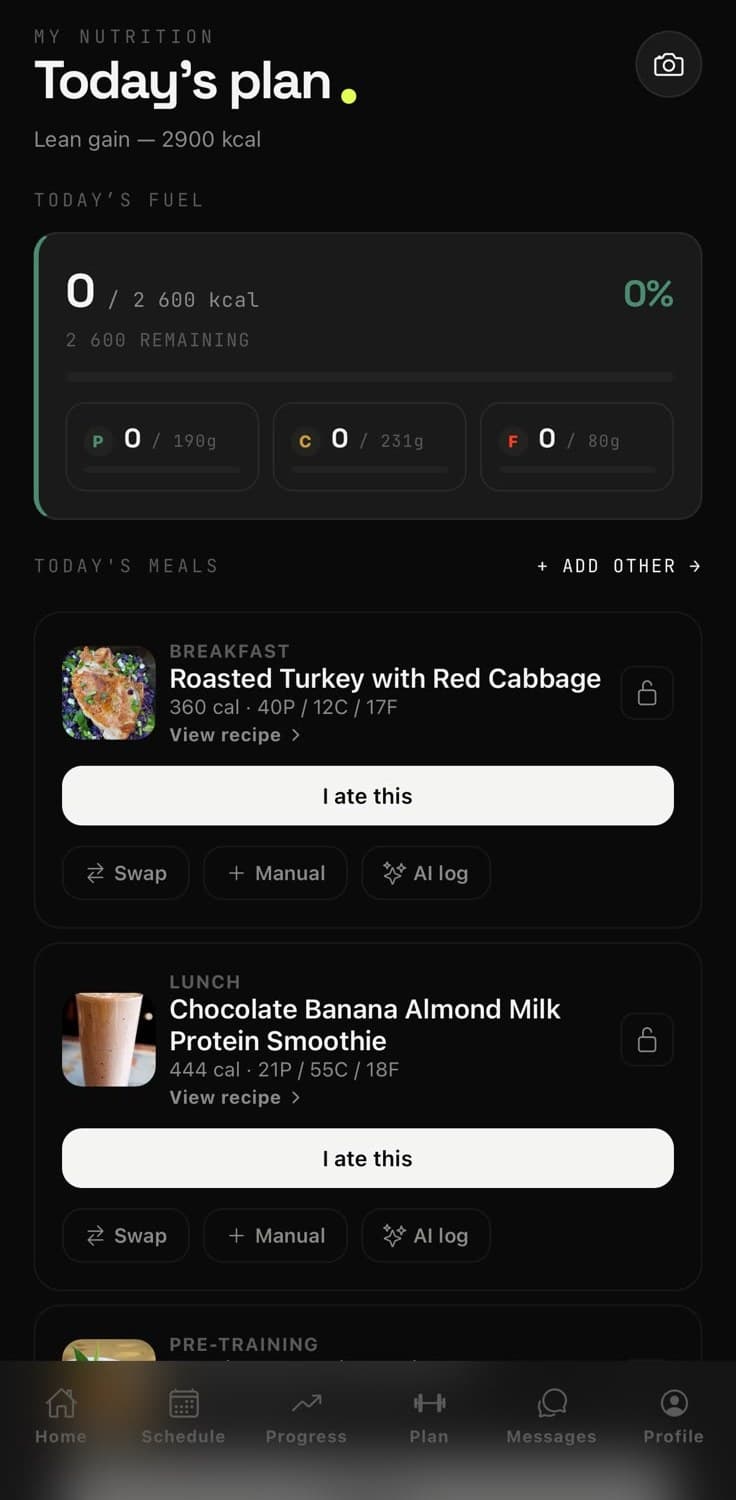 Client nutrition plan on iPhone with daily targets, meals, recipes and AI meal logging