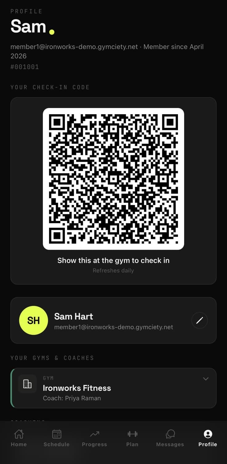 Member profile on iPhone with the daily QR check-in code and member number