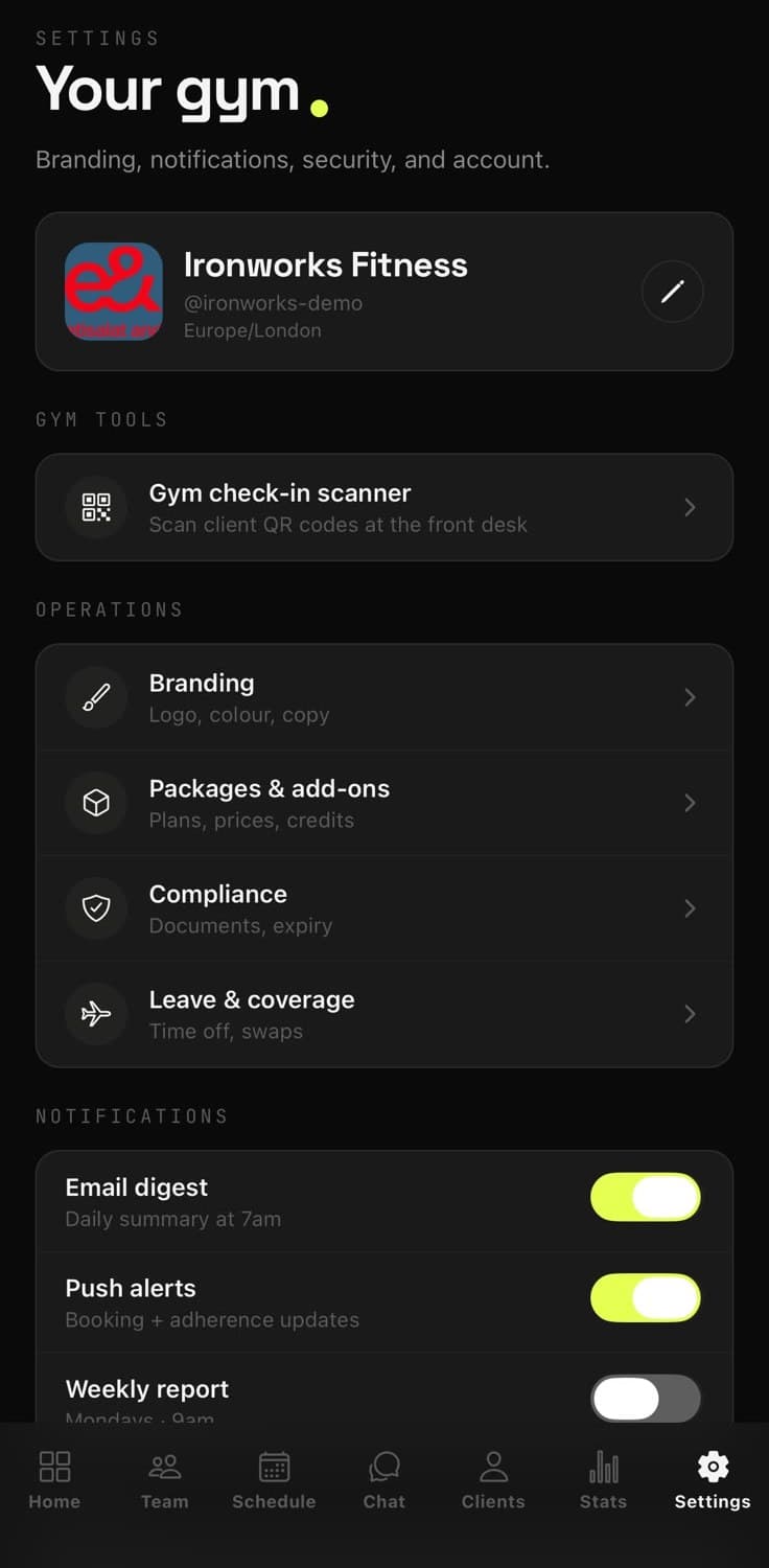 Gym settings on iPhone with the check-in scanner, branding, packages, compliance and leave